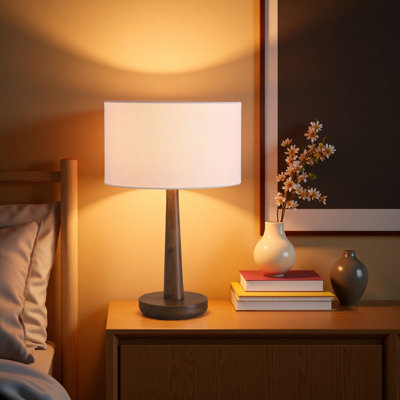 Lampe de table effilée en bois massif 18,5 "avec abat-jour rond en tissu de lin, lampe d'appoint moderne en bois véritable avec base E26 pour chambre à coucher et salon