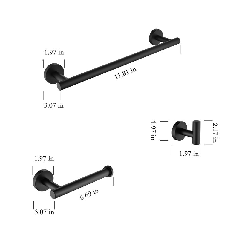 3 Sus304 Stainless Steel Bathroom Hardware In Matte Black Color. Includes Towel Bar, Toilet Paper Holder, Robe Hook. Rustproof, Strong, Scratch-. Modern Design. Simple Installation. Mounting Supplied