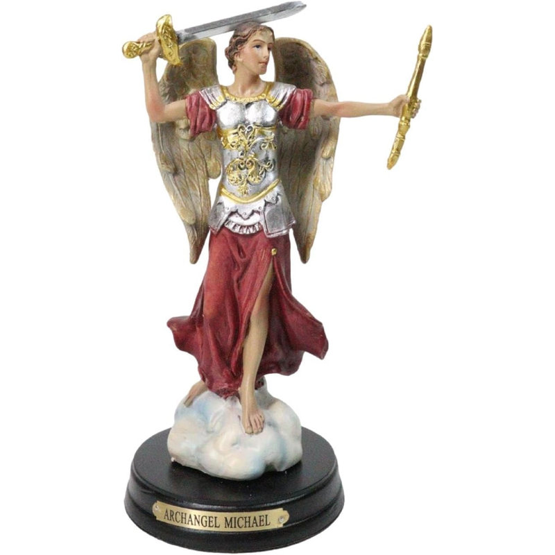 Figurine Archangel Saint Michael tenant une épée et un parchemin avec plaque en laiton