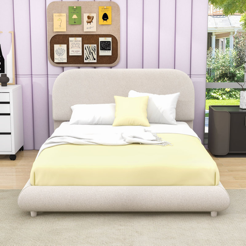 Luxurious Teddy Fleece Upholstered Platform Bed with Curve-Shaped Design, Full, Beige