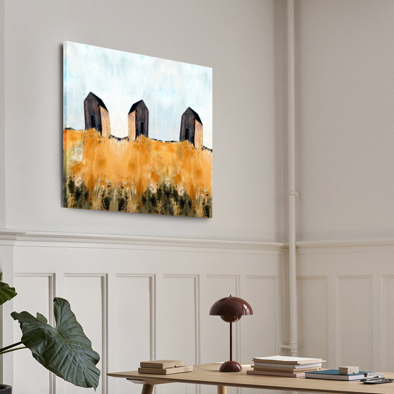 Cabanes III - peinture sur toile tendue, H 8 po x l 8 po x P 0,75 po