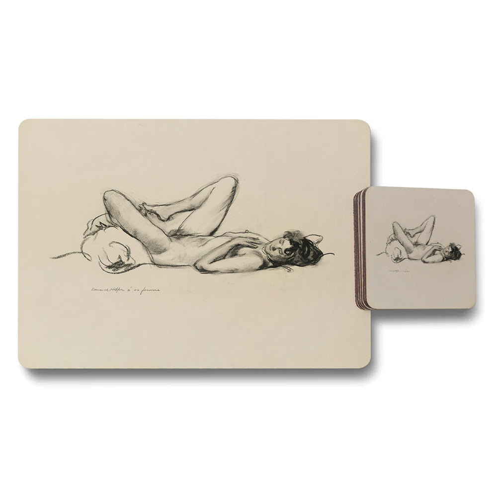 Nude Figure Art Placemats And Coasters Set Featuring Sketch Drawing
