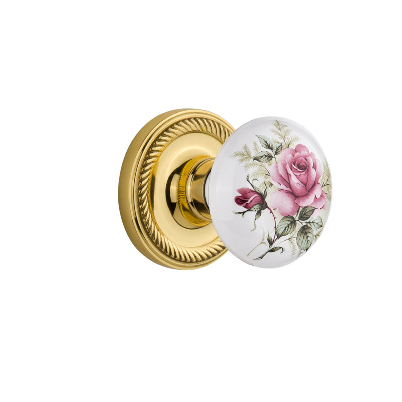 Rope Rosette with White Rose Porcelain Door Knob, Polished Brass, 2-3/4”