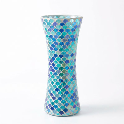 Handcrafted Turquoise Glass Mosaic Vase - 11.8 Inch Tall Scalloped Decorative Centerpiece - Leak-Proof Watertight for Fresh Wet & Dry Flowers Pampas Grass - Home Decor & Gift