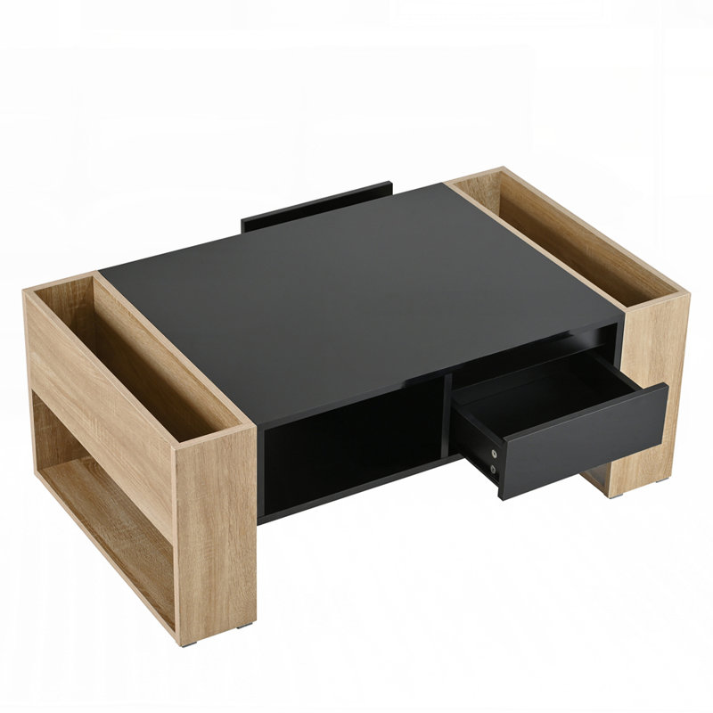 Table basse très brillante avec 2 tiroirs, table basse rectangulaire avec tablette de rangement ouverte pour le salon