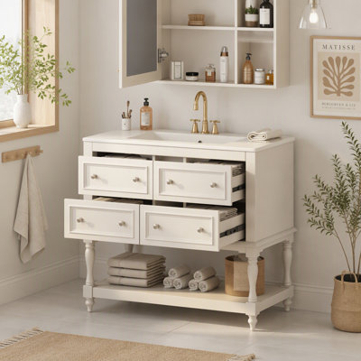 Meuble-lavabo de 91 cm (36 po) avec lavabo encastré en céramique, meuble autoportant à 4 tiroirs, structure en bois massif et MDF, de style moderne, beige
