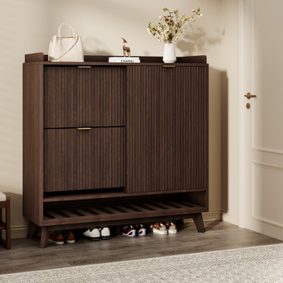 Fluted Shoe Cabinet Storage with 2 Flip Drawers & Sliding Door & Adjustable Shelf Rack，Freestanding Wood Narrow Hidden Shoe Organizer for Entryway, Hallway, Living Room