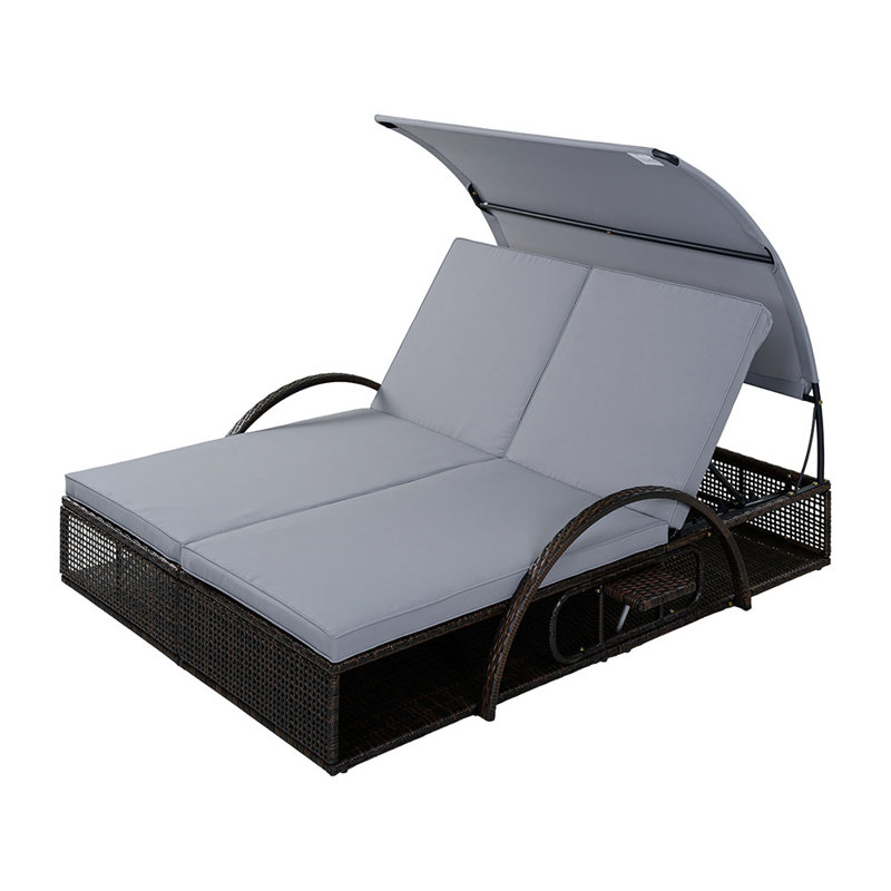 Outdoor Steel Frame Sun Lounger with Adjustable Backrest,Patio Double Sunbed with Hidden Side Table and Arched Armrests,Suitable for Patio Pool Deck,Garden,Backyard