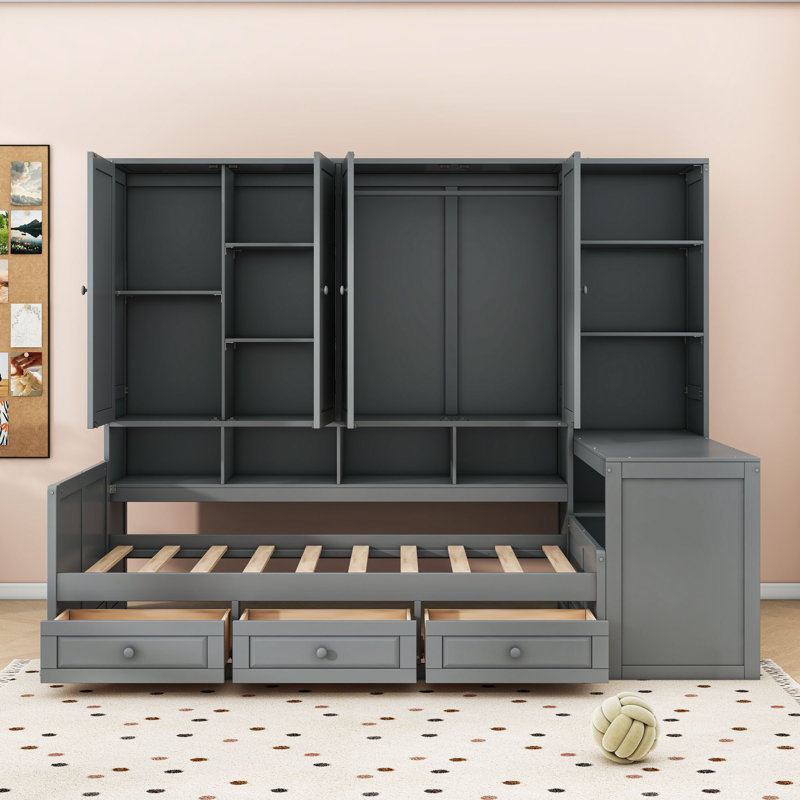 Lit de jour en bois 3 tiroirs avec bureau intégré, tablettes et armoires, Gris, Lit simple