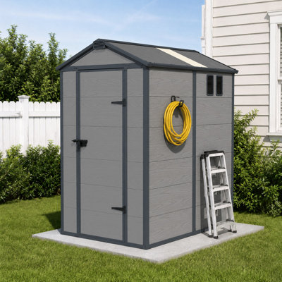 4' x 6' Outdoor Resin Storage Shed, Weatherproof Resin Tool Storage Shed with Lockable Door, Windows & Skylight, All-Weather Shed for Backyard Patio, Dark Grey