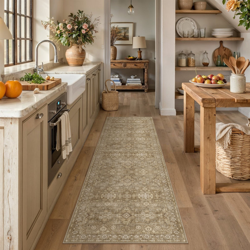 Alma Beige/Brown Vintage Area Rug With Non-Slip Backing, Runner 2' x 8'