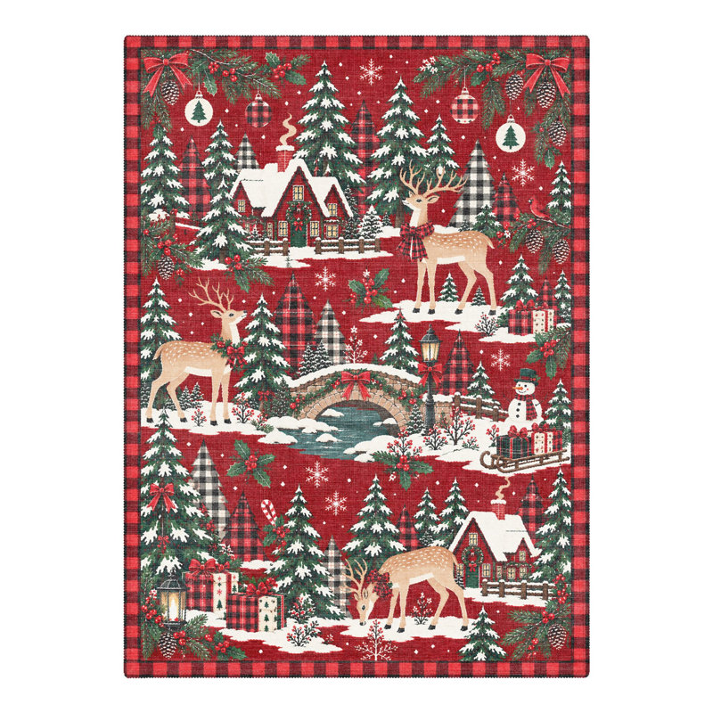 Tapis de salle à manger lavable à poils ras, motif animaux de Noël : cerfs des bois et pont d'hiver, rouge et vert