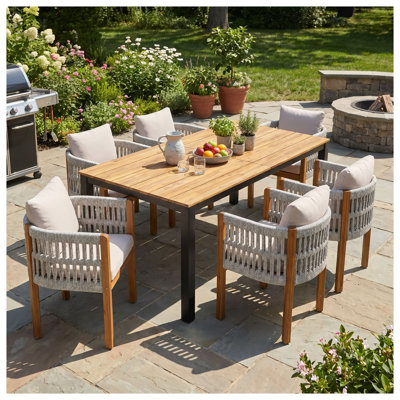 7-Piece Outdoor Dining Set with Acacia Wood Table, Iron Frame, and 6 Rope-Back Chairs with Beige Cushions