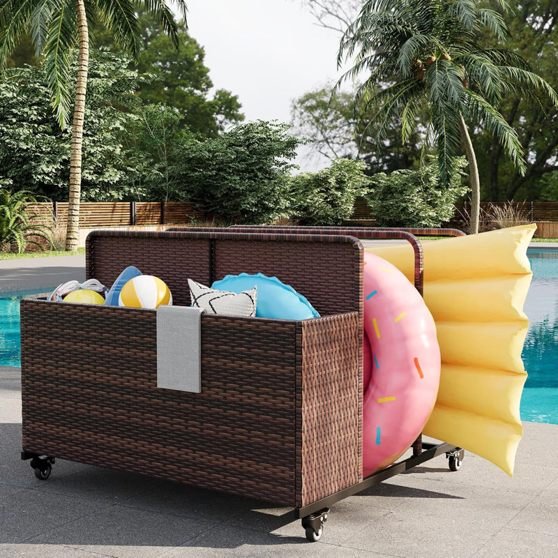 Outdoor Pool Float Storage Organizer with Wheels, PE Rattan Poolside Caddy with 3-Section Basket for Pool Floats, Toys, Balls & Life Vests