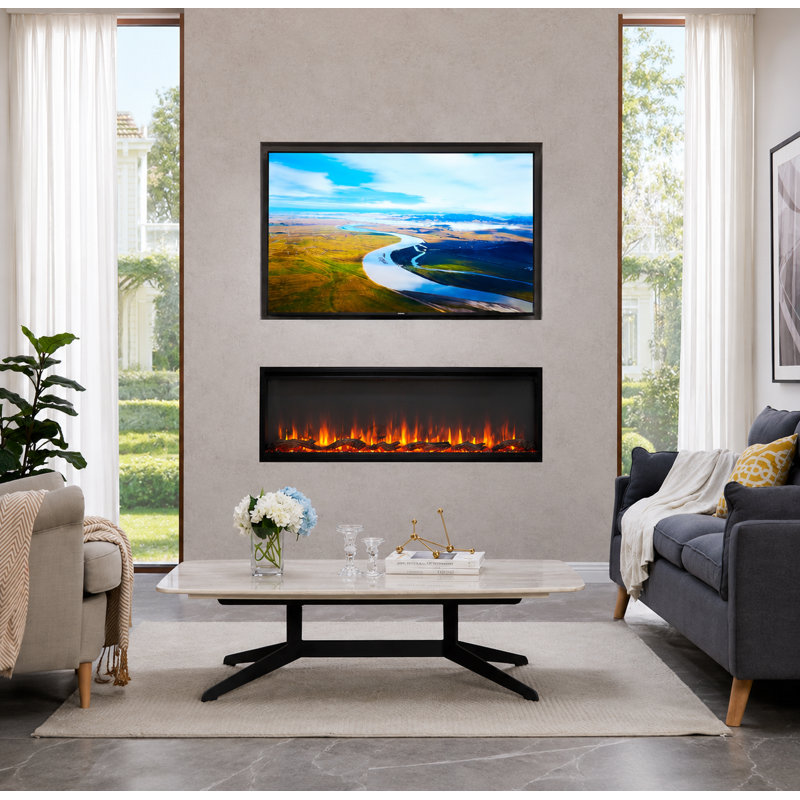 FLAMEKO Slim Frame Media Wall Electric Fire, Avena Black, 45cm H x 147cm W x 14cm D