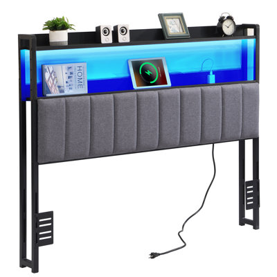 Upholstered Headboard - Integrated Storage Shelf & Led Strip Light & Dual Outlets - Perfectly Compatible With Adjustable Beds - Linen Color