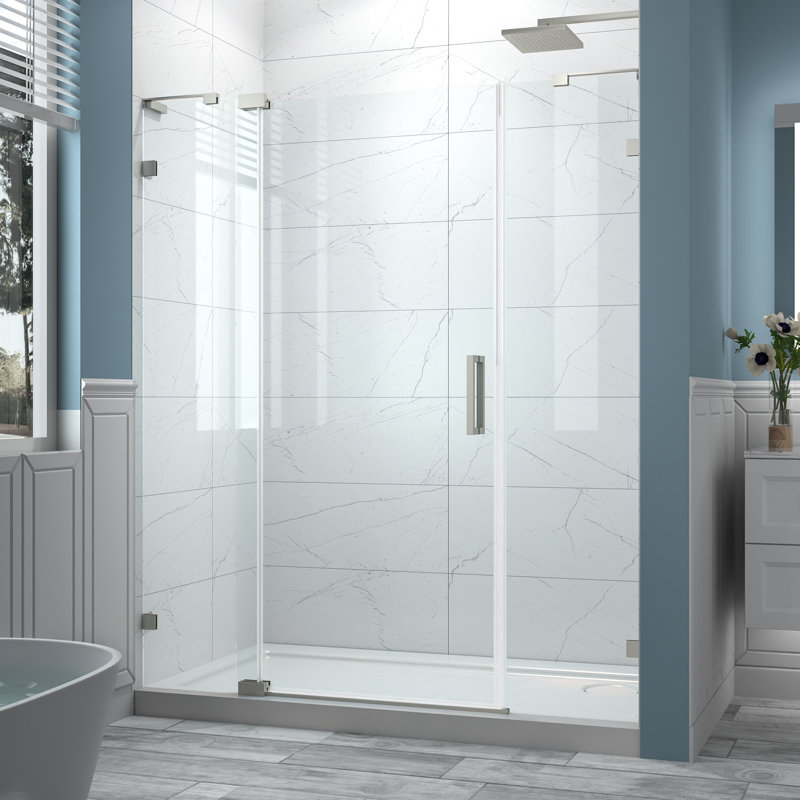 Porte de douche pivotante sans cadre de 56 à 60 po x H 70 po avec verre trempé transparent de 5/16 po, Nickel brossé