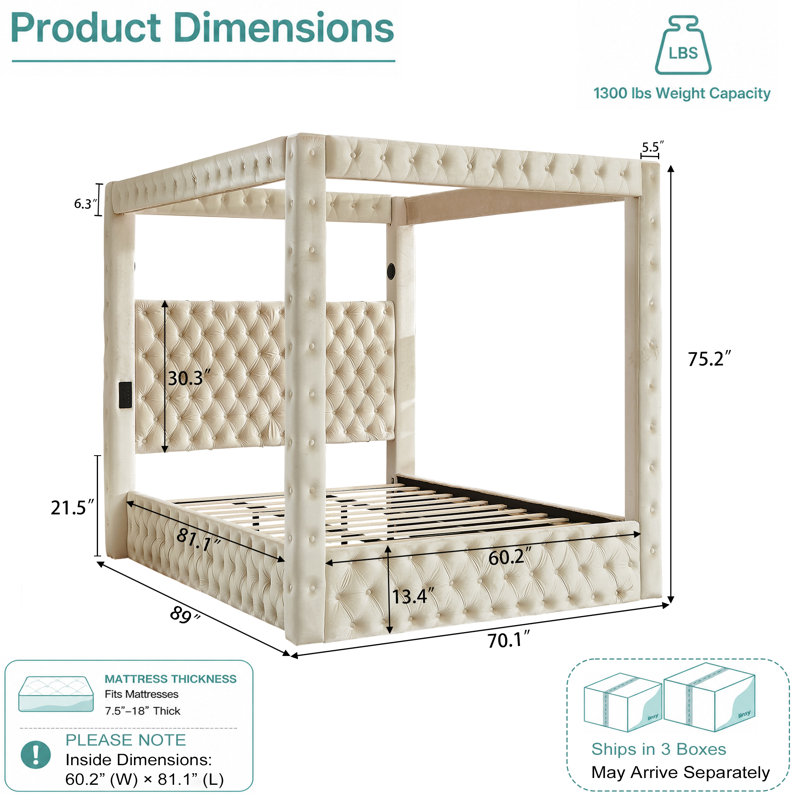 Structure de lit à baldaquin Auraluxe avec tête de lit capitonnée à boutons, Beige