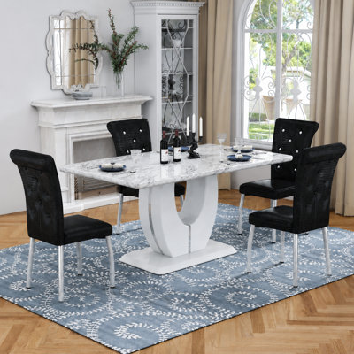 Modern 63" Faux Marble Dining Table Set With Spring-Supported PU Leather Chairs