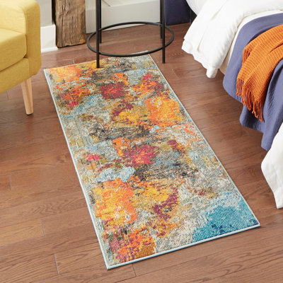 Tapis abstrait bleu / gris / orange Octagon