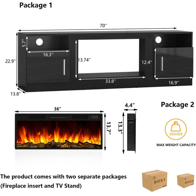 Fireplace Tv Stand Entertainment Center With 36" Fireplace, 70" Wooden Tv Stand For Tvs Up To 75", Media Tv Console With High Gloss Storage Cabinet And 16 Colors Led Lights