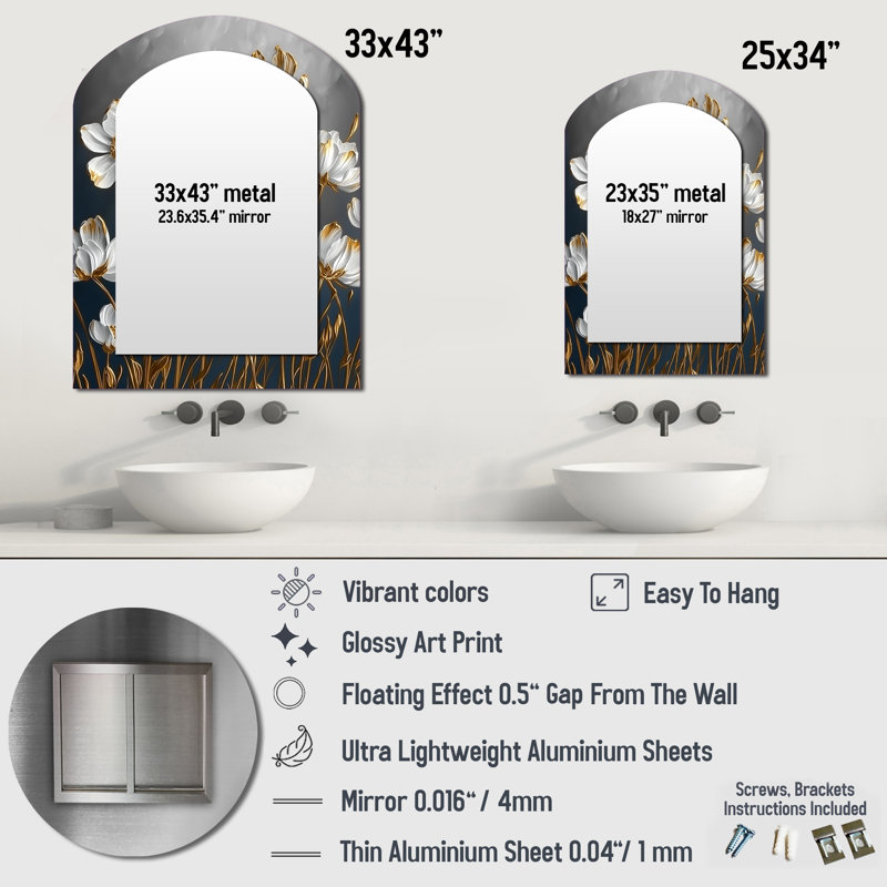 Cornflowers In White And Gold Tones III - Cornflowers Arch Wall Mirror, White Asymmetrical Decorative Mirror, Printed Metal Art