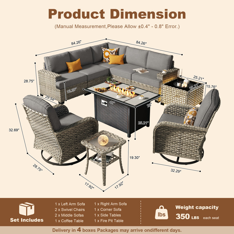 7- Person Outdoor Wicker Patio Conversation Furniture Set With Fire Pit Table, Dark Gray
