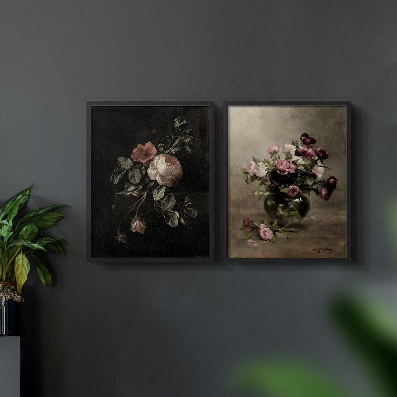 «Vintage Floral V», 2 pièces, Noir, H 14 po x l 22 po