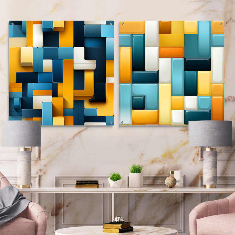 Harmonie de blocs géométriques jaunes et bleus - ensemble abstrait d'art géométrique acrylique sur verre, H 16 po x l 33 po