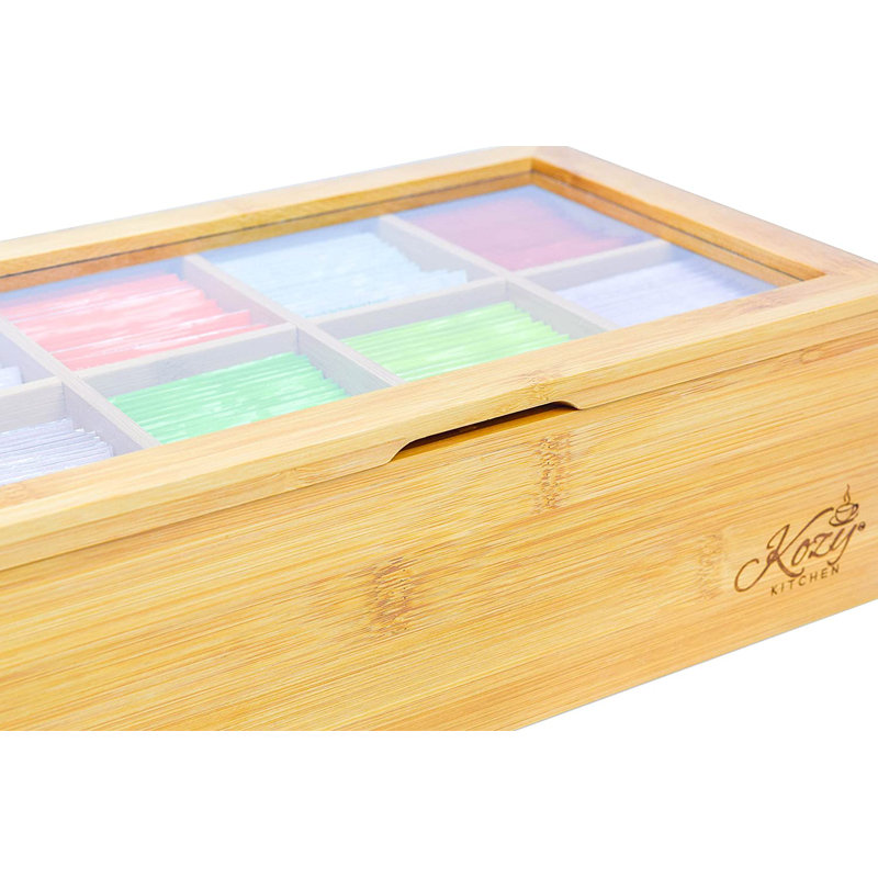 Large Bamboo Tea Box with Clear Hinged Lid and 8 Compartments