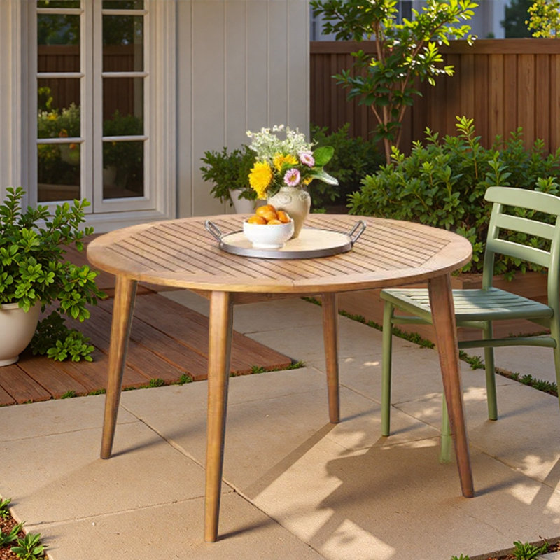 Table de salle à manger ronde 47,25 po en bois d'acacia avec finition en teck, table de patio moderne à lattes pour l'intérieur et l'extérieur