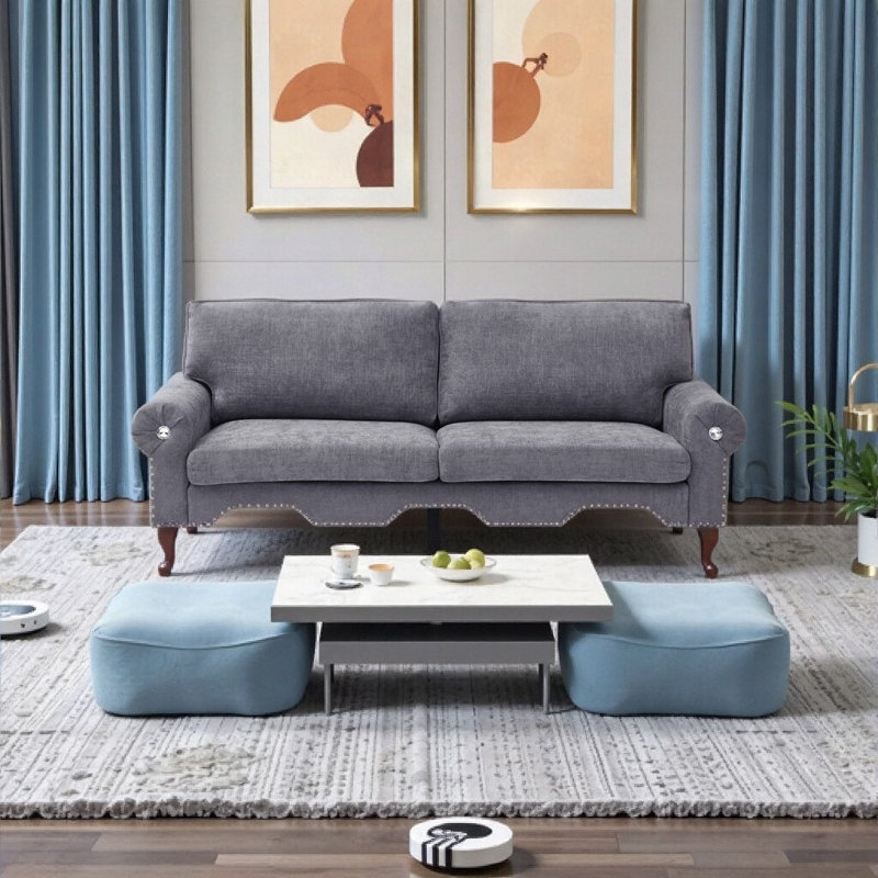 Canapé classique Chesterfield 3 places - Accoudoirs roulés avec accents en cristal, Gris
