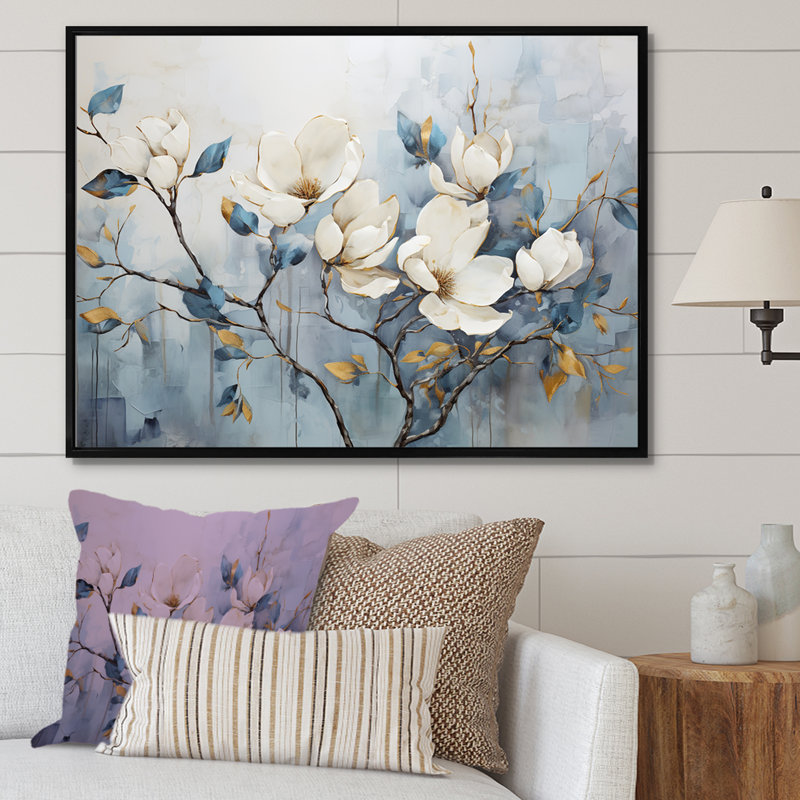 Elegant Magnolias Tranquility - art mural de salon Magnolias, Reproduction avec cadre flottant, H 12 po x l 20 po, Noir