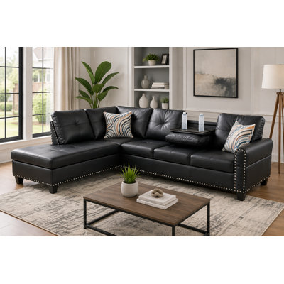 Black Faux Leather 2-Piece Sectional Sofa Set with Chaise