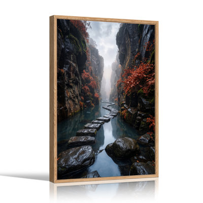 Stepping Stones in Misty Canyon with Red Foliage Canvas Wall Art