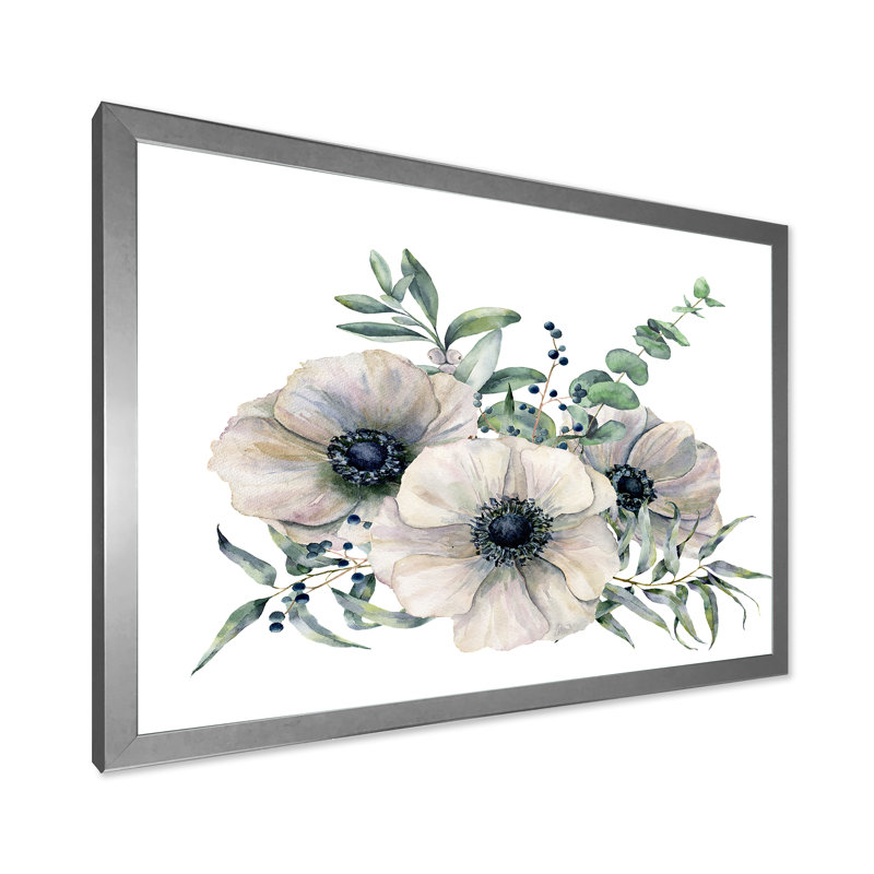 Bouquet d'anémones blanches avec feuilles d'eucalyptus - Peinture sur toile, H 12 po x l 20 po x p 1 po, Cadre photo argenté