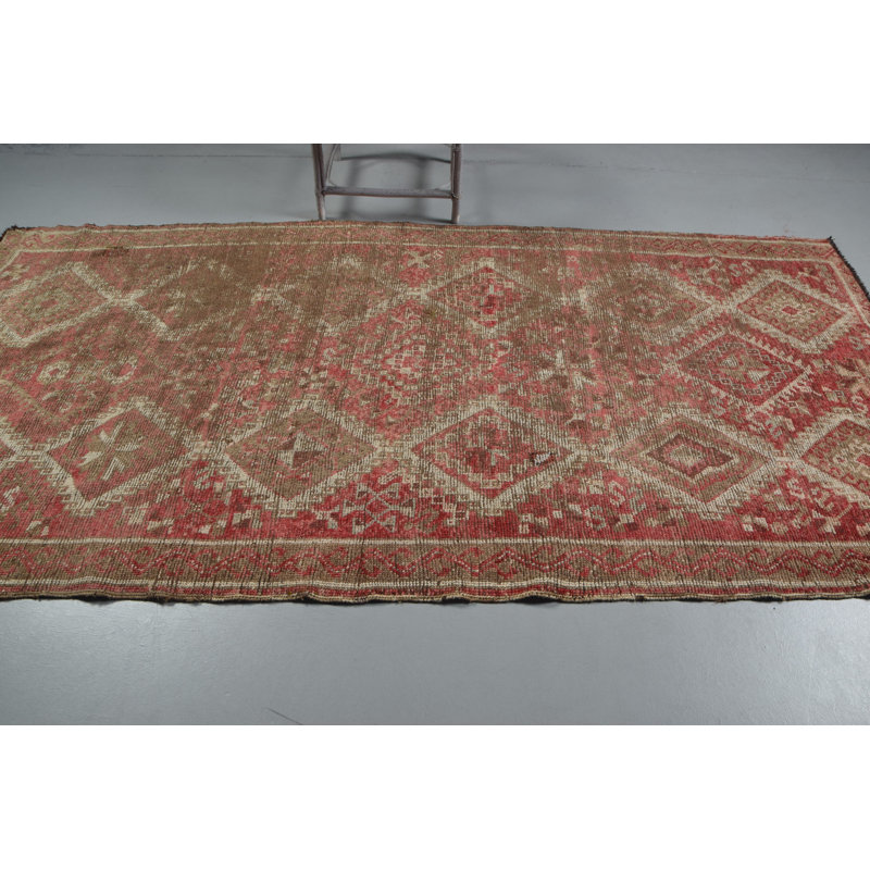 Tapis de couloir turc rétro fabriqué à la main en rouge discret avec motif géométrique