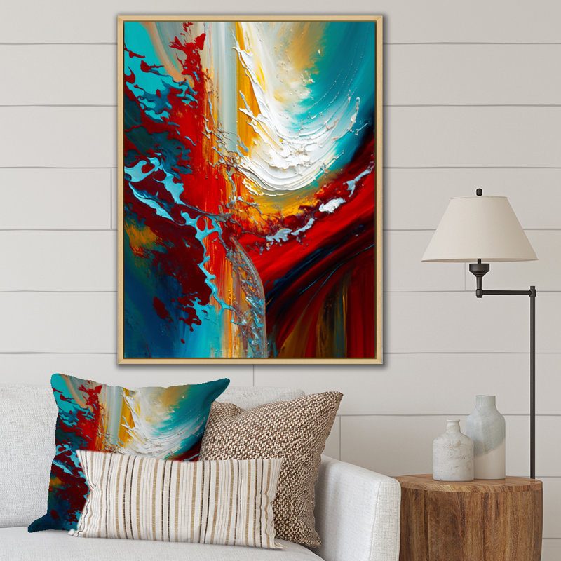Éveil rythmique abstrait bleu sarcelle - reproduction d'art abstrait, H 32 po x l 24 po, Cadre naturel flottant