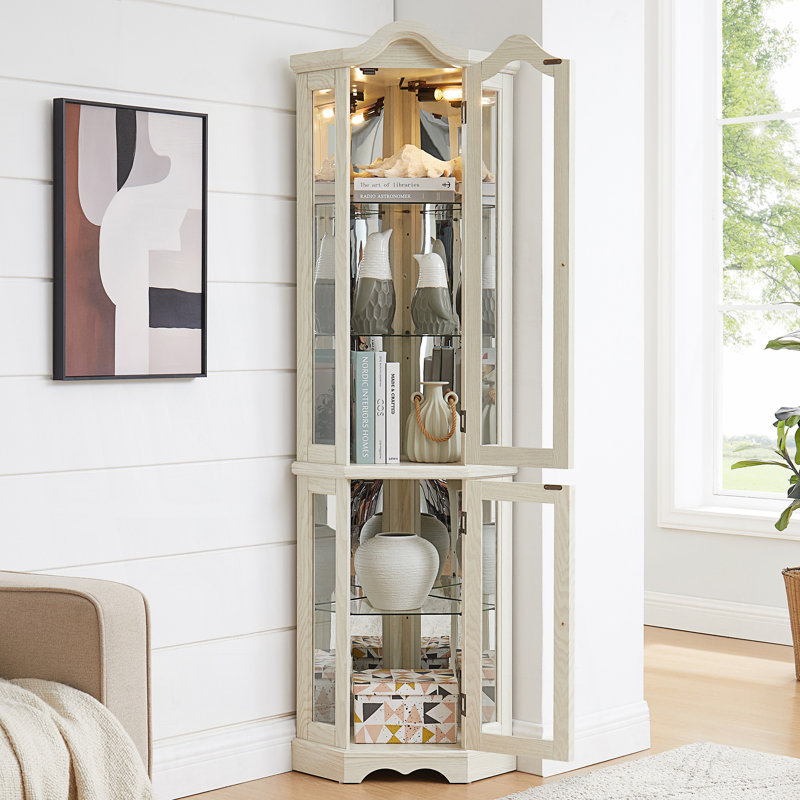 Curio Cabinet, Lighted Glass Display Curio Cabinet With Tempered Glass Doors And Shelves, Living Room Cabinet, White