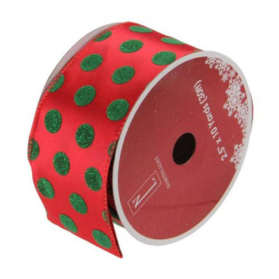 Ruban d'artisanat de Noël scintillant rouge et vert à pois 2,5 po x 10 verges