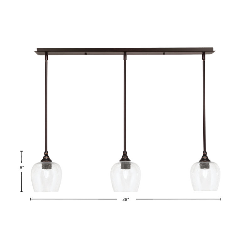 Luminaire suspendu linéaire à 3 lumières 3 lumières, finition bronze, verre transparent de 6 po, H 8 po x l 38 po x P 6 po