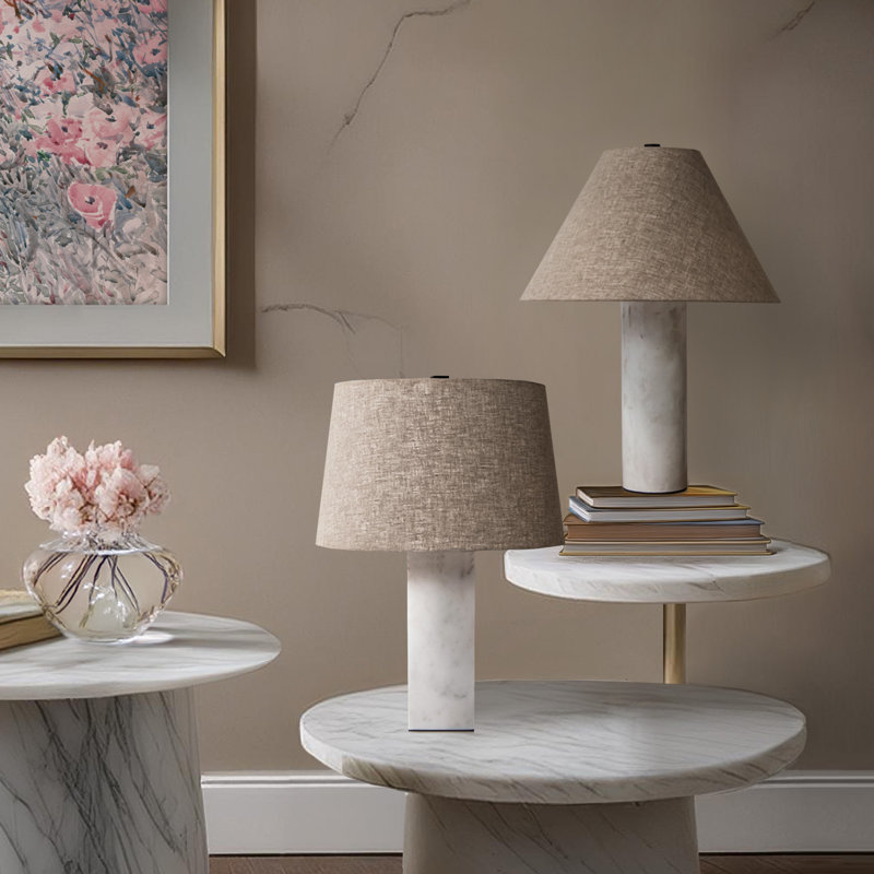 Ensemble de 2 lampes de table cylindriques en marbre blanc