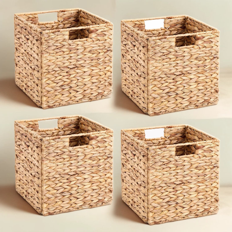 Ensemble de 4 paniers de rangement en osier, 10 x 10,5 x 10,75 pouces paniers pliables pour tablettes 11 x 11 cubes, jacinthe d'eau naturelle