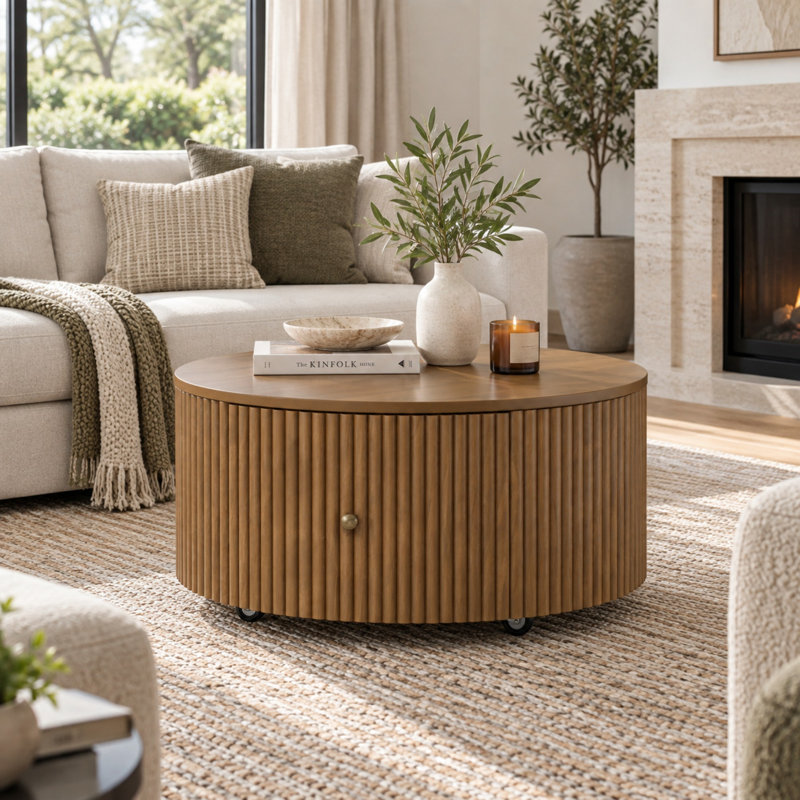 Table basse ronde cannelée en forme de tambour avec roulettes et 2 tiroirs de rangement dissimulés