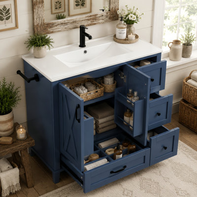 Meuble-lavabo sur pied 36 po avec lavabo et tiroirs en céramique