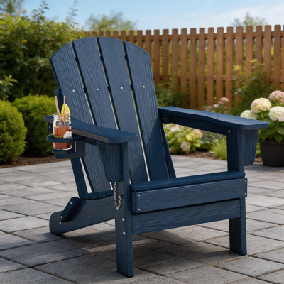 1pc Folding Adirondack Chair, All-Weather HDPE Outdoor Patio Fire Pit Lounge Seat with Cup Holder