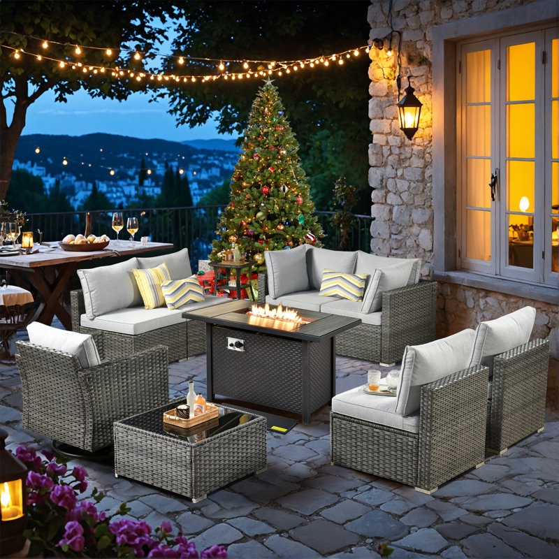 Ensemble de conversation de patio pour 7 personnes en osier avec chaises berçantes pivotantes et table de foyer, Gris clair