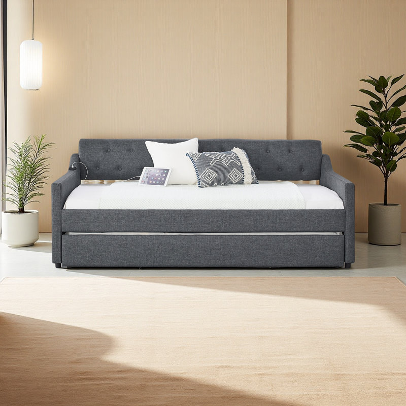 Twin Size Upholstery Daybed With Twin Size Erectable Trundle And USB Charging Design