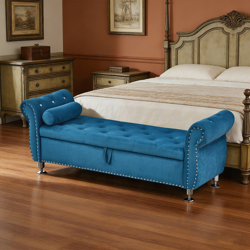CHIRA  Blue Velvet Bedroom Bench, Bed Bench with Button-Tufted Large Upholstered Storage Bench Ottoman, Blue