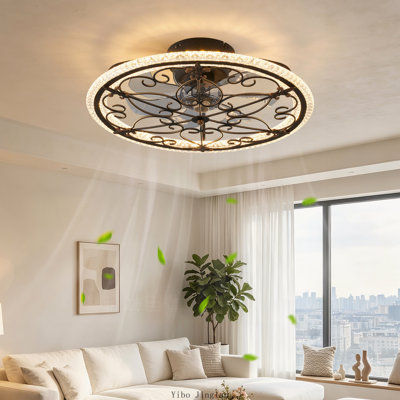 Ventilateur de plafond rustique noir à cage avec éclairage et télécommande, encastré DEL discret